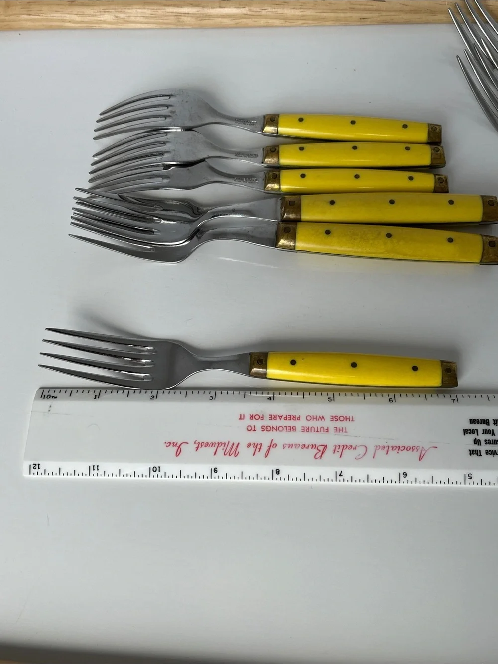 Vintage Bonniers France Yellow Handle Fork Set Brass Accent French Flatware